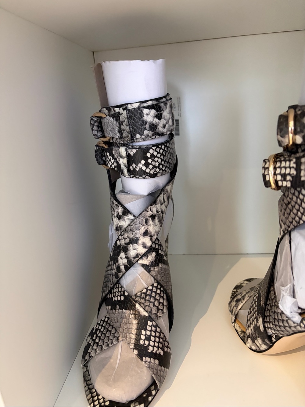 Cynthia Rowley Black & White Snake-Print Open-Toe Heels with Ankle Straps